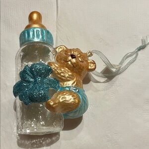 Gold and Blue Teddy Bear Baby Bottle Ornament